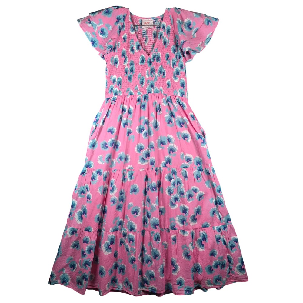 Banjanan Maxi Dress Floral Smocked Flutter Sleeve Medium Pink